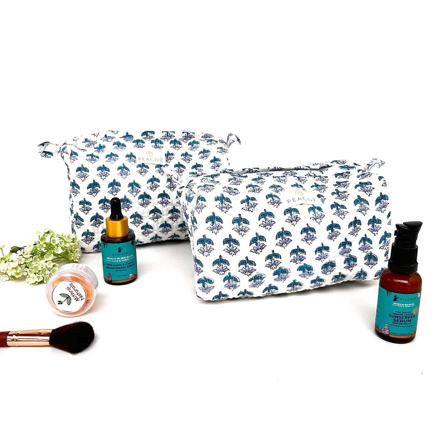 Multi Utility Travel kits Dark Blue Flower Printed Pouch (Set of two)