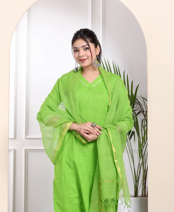 Fully Stitched Seaweed Green Kurti & Parrot Green Palazzo Set With Dupatta
