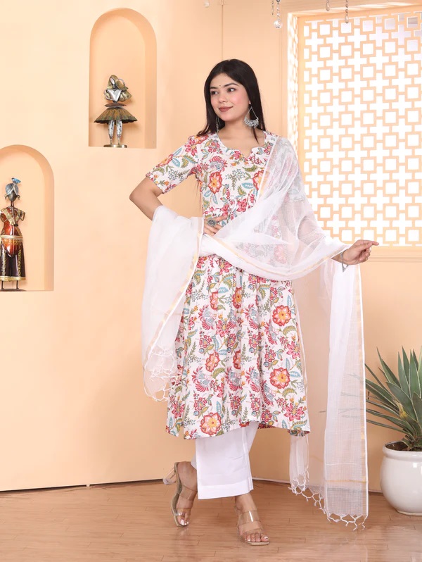 Buy White Handwoven Chanderi Embroidered Patchwork Round Kurta And Pant Set  For Women by Desert Shine by Sulochana Jangir Online at Aza Fashions.