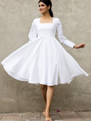 WHITE SEMI- FORMAL DRESS , semi-formal dress has a square neck ,  comfort and a cohesive, stylish look.