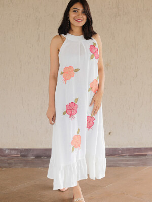 Beautifully Designed White Cotton Linen Flower Patched Dress