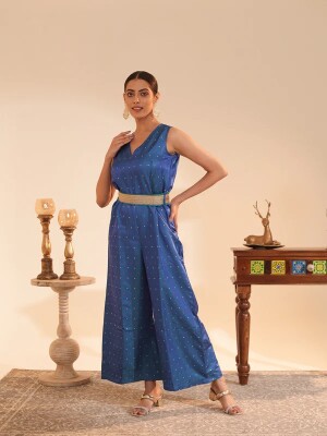 Banarasi Butti Weaved blue satin silk Jumpsuit