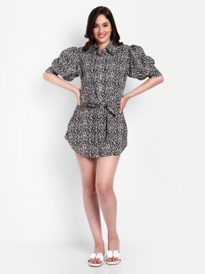 Black leaf Pattern shirt dress for women