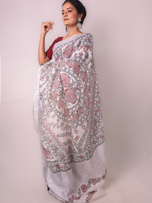 White hand painted madhubani linen saree