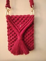 Handmade red macrame sling bag for mobile phones