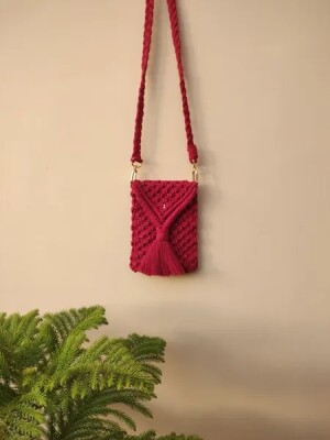 Handmade red macrame sling bag for mobile phones