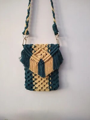 Mustard & green macrame sling bag for mobile