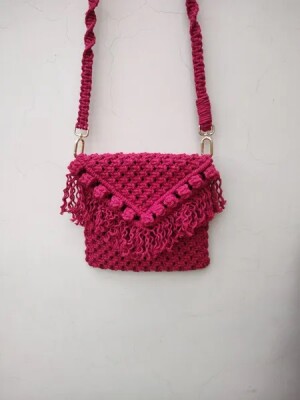 Magenta cotton cord magnetic lock macrame sling bag