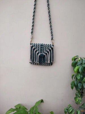 Dark green handcrafted thread work sling bag for women