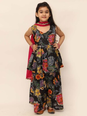 Festive Wear Black Floral Print Cotton Kurta With Sharara And A Hot Pink Dupatta, Latest Kids Wear, Trending Sharara Designs for Girls