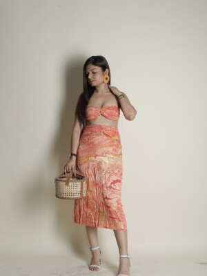 Tangerine bae modal satin texture tube crop top and skirt for women