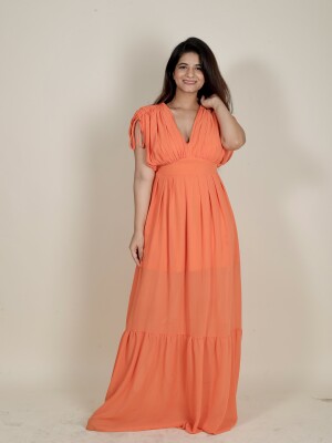 Sunny orange plaid & plead polyester maxi dress for women