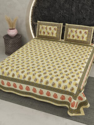 Yellow cotton print double bedsheet with 2 pillow covers