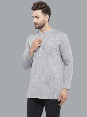 Grey Handloom Textured With White Piping Short Kurta