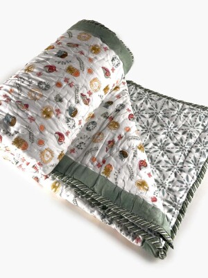 Multi Colour Double Sided Block Printed Cotton Baby Quilt Single 40x60 Inches