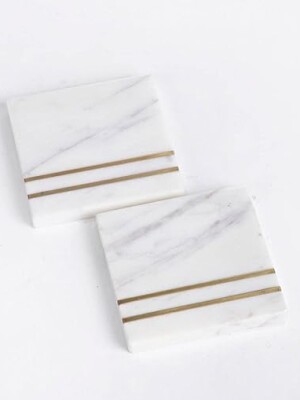 White Marble Tea/Coffee/Cocktail Coaster (Square Shape with Brass Inlay) Set of 4 pcs for Drinks Hot & Cold, Table Decorative Cocktail Coaster