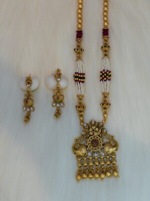 Half n half long polki fine moti & cut onyx traditional jewelry