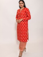 Bollywood style asymmetric cut mirror highlighted neck red soft cotton printed kurta with matching stripe afghani pants