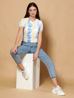 Gathered mesh tie dye blue top for women