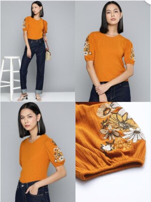 Women floral mustard Embroidery Top