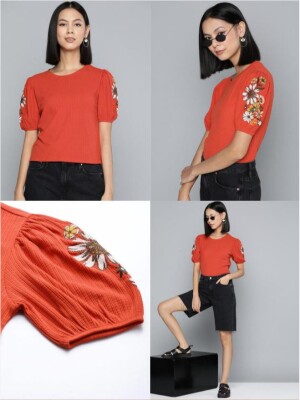 Embroidery rusty Red top for women
