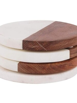 White Marble+Wood Tea/Coffee/Cocktail Handmade Coaster (Round) Set of 4 pcs for Drinks Hot & Cold, Table Decorative Cocktail Coaster