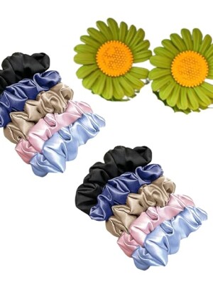 Combo pack 10 random color scrunchies and 1 flower earrings