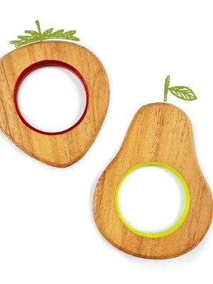 Colorful Neem Fruit Shape Wood Teethers for Babies | Pear & Strawberry | Child Safe Teether | Set of 2 | Wooden Teethers