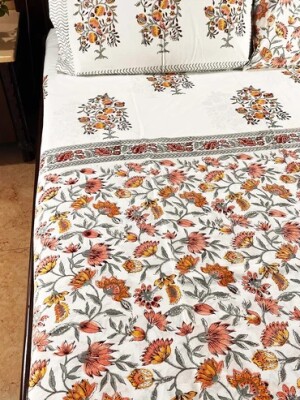 Pink and White Floral Block Printed Cotton Double Bedsheet Set With 2 Pillow Covers - 108 inches x 108 inches