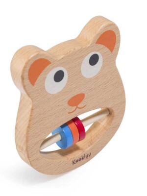The wooden teddy rattle and teether, multi-functional baby toy designed to engage and soothe infants during their early developmental stages.