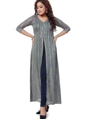 Grey georgette naira cut long kurta for women - 3/4 sleeve