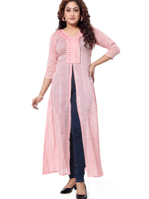 Pink georgette naira cut long kurta -3/4 sleeve pink gota for women