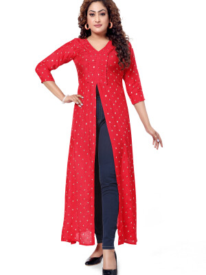 Tomato red cotton silk naira cut sleeve - 3/4 long kurta for women