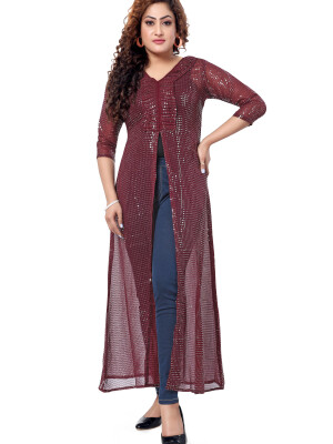 Wine georgette full sequin naira cut long kurta - 3/4 sleeve for women