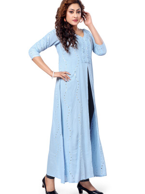 Sky blue mirror wave naira cut long kurta - 3/4 sleeve for women