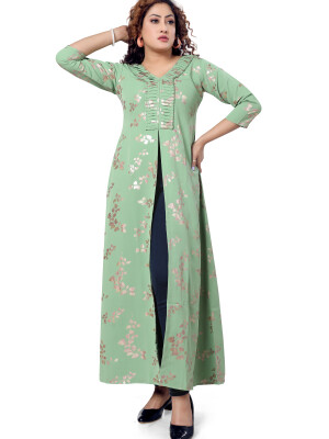 Beautiful design rayon green naira cut sleeve - 5/6 long kurta for women
