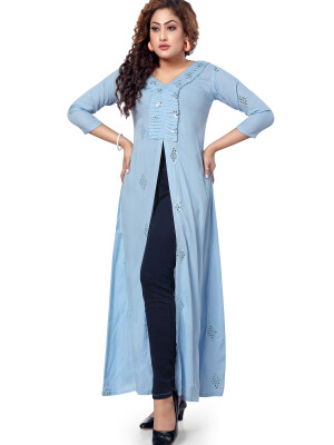 Stylish mirror work naira cut long kurta for women - 3/4 sleeve