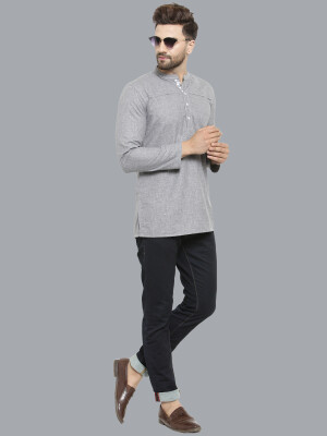 Grey Poly-Cot Slab Texture Men Short Kurta ,  casual formal ethnic and Poly-Cotton