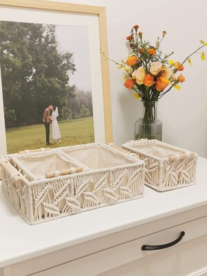 Macrame Storage Basket(Cream White, Set of 3), Decorative Hand Woven Boho Basket with Wooden Handles & Liner Cloth, Bathroom Nursery Bedroom Decor