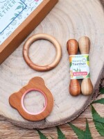 Organic natural wooden teether for babies including bear, stick, ring helps in teething