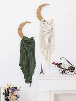Wooden Crescent Moon Macrame Wall Hanging TDF , STYLISH WOODEN WALL HANGING