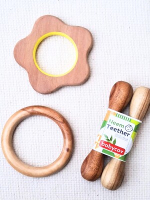 Flower, stick, ring natural and organic neem wooden teether for babies | Helps in teething | 3+ month babies