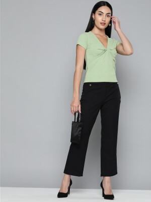 Twisted pista green neck top for women