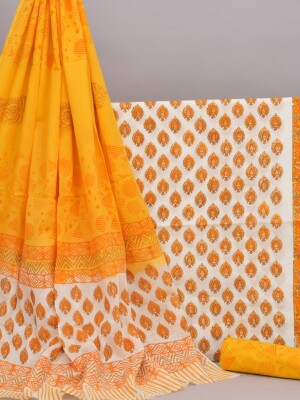 Mustard & white hand-printed pure cotton suit | dress material with mulmul dupatta