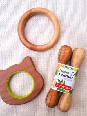 Cat, stick, ring natural and organic neem wood teether for babies | helps in teething | 3+ months babies