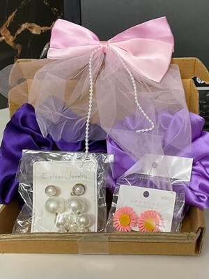 2 Random scrunchie set box gift box for girl and women satin silk hair elastic (evil eye)