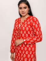 Bollywood style asymmetric cut mirror highlighted neck red soft cotton printed kurta with matching stripe afghani pants