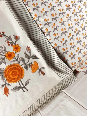 White and Yellow Floral Block Printed Cotton Double Bedsheet Set With 2 Pillow Covers - 108 inches x 108 inches