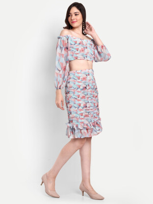 Beautiful abstract printed ruched top - skirt Co ord dress