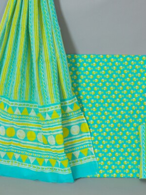 Hand block printed pure cotton dress material with mulmul dupatta